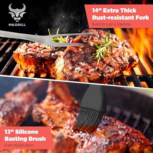 Premium Grill Set M&GRILL: 4 BBQ Tools – Spatula, Fork, Tongs and Sauce Brush an Ideal Gift for Grill Lovers Stainless Steel - CookCave