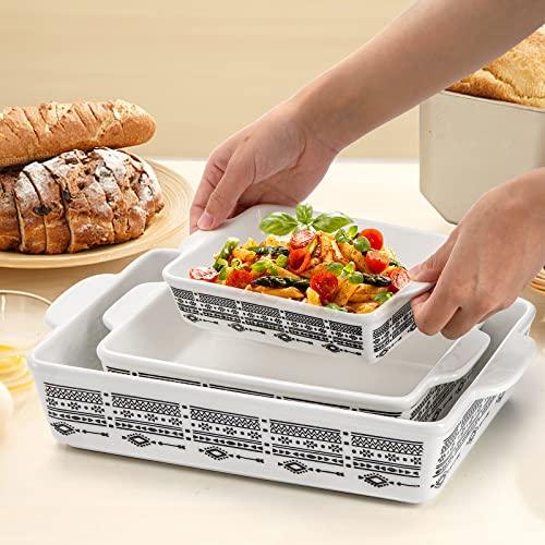 YOUEON Set of 3 Ceramic Baking Dish with Handles, Porcelain Bakeware Set with Boho Pattern, Casserole Dish, Lasagna Pans, Rectangular Baking Dish for Kitchen, Cooking, Cake Dinner - CookCave