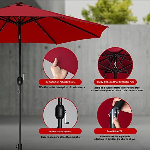 Simple Deluxe 9' Solar Umbrella 32 LED Lighted Patio Umbrella Table Market Umbrella with Push Button Tilt/Crank Outdoor Umbrella for Garden, Deck, Backyard and Pool, Red - CookCave