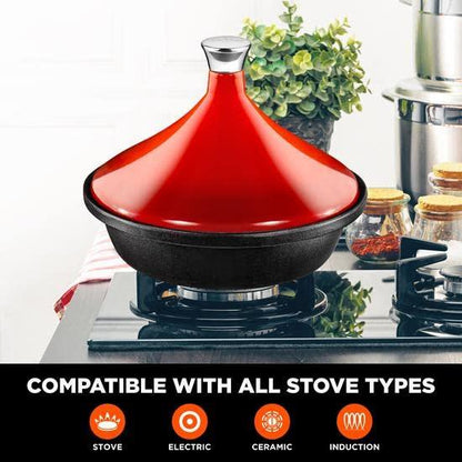 NutriChef NutriChefKitchen Tagine Moroccan Cooker 2.75-Quart Cooking Pot with Stainless Steel Knob, Base, and Cone-Shaped cast iron Enameled Lid (Red), One Size - CookCave