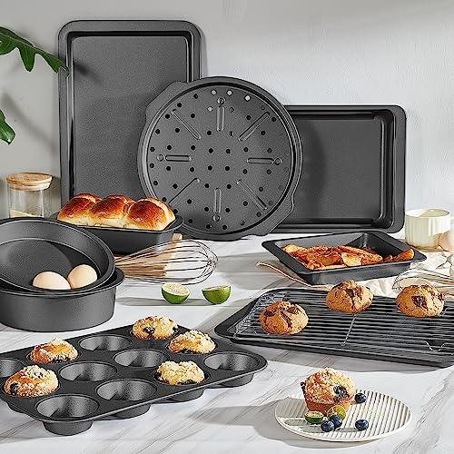 HONGBAKE Bakeware Sets, Baking Pans Set, Nonstick Oven Pan for Kitchen with Wider Grips, 10 Pieces Including Rack, Cookie Sheet, Cake Pans, Loaf Pan, Muffin Pan, Pizza Pan - Grey - CookCave