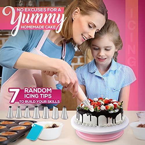 RFAQK 35PCs Cake Turntable and Leveler-Rotating Cake Stand with Non Slip pad-7 Icing Tips and 20 Bags- Straight & Offset Spatula-3 Scraper Set -EBook-Cake Decorating Supplies Kit -Baking Tools - CookCave