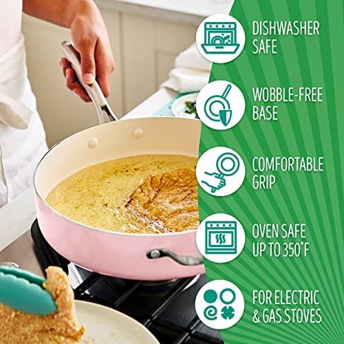 GreenLife Artisan Healthy Ceramic Nonstick, 5QT Saute Pan Jumbo Cooker with Helper Handle and Lid, Stainless Steel Handle, PFAS-Free, Dishwasher Safe, Oven Safe, Soft Pink - CookCave