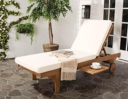 SAFAVIEH Outdoor Collection Newport Natural/ Beige Cushion Built-in Side Table Adjustable Chaise Lounge Chair - CookCave