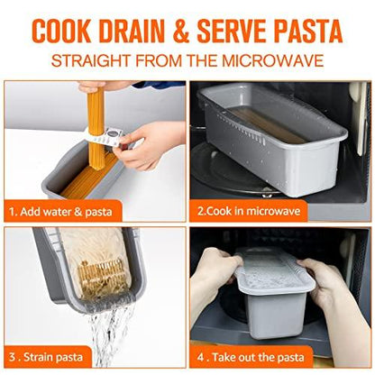 Microwave Pasta Cooker with Strainer Lid- Quick and Easy Cooks 4 Servings Spaghetti Cooker- No Sticking or Waiting For Boil- Perfect Make Pasta Every Time- For Dorm, Kitchen or Office - CookCave