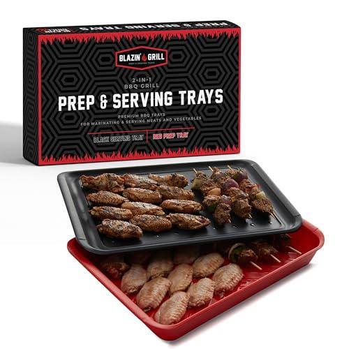 Blazin' Grill Prep & Serving Trays | Set of 2 Stackable, Melamine Trays | Serving Tray & Marinating Tray | Serving Platter for Plating Food & BBQ Prep Tub for Marinating Meats | Grill Accessories | - CookCave