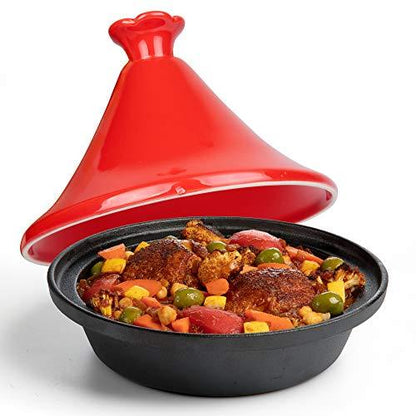 Tagine Moroccan Cast Iron 4 qt Cooker Pot with Recipe Book, Caribbean One-Pot Tajine Cooking, Enameled Ceramic Lid- 500 F Oven Safe Dish w Large Capacity, Cone Shaped Lid, Cookware Gift - CookCave