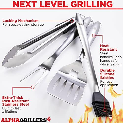 Alpha Grillers Grill Set Heavy Duty BBQ Accessories - BBQ Gifts Tool Set 4pc Grill Accessories with Spatula, Fork, Brush & BBQ Tongs - Grilling Cooking Gifts for Men Dad Durable, Stainless Steel - CookCave