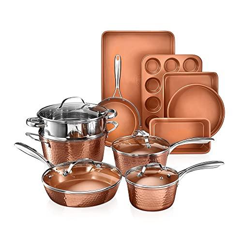 Gotham Steel Hammered 15 Pc Ceramic Pots and Pans Set Non Stick Cookware Set, Kitchen Cookware Sets, Ceramic Cookware Set with Non Toxic Cookware, Copper Pot and Pan Set, Oven & Dishwasher Safe - CookCave