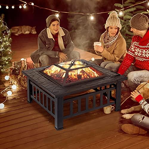 SINGLYFIRE 32 Inch Fire Pit Table for Outside Square Metal Firepit Outdoor Wood Burning Large Steel Bonfire Pit for Patio Backyard Garden with Waterproof Cover,Spark Screen,Log Grate,Poker - CookCave