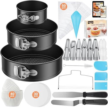 Kootek 144pcs Cake Pan Set with Ebook, Cake Decorating Supplies with 3 Round Nonstick Removable Base Bakeware Springform Pans (4" 7" 9"), Numbered Piping Tips and Other Baking Supplies for Cheesecake - CookCave