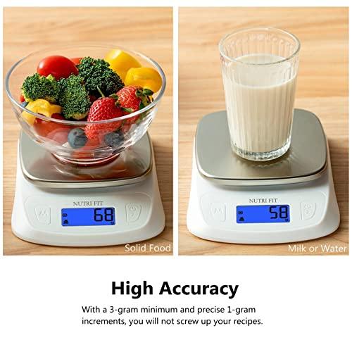 NUTRI FIT Food Kitchen Scale Digital Grams and Ounces Ultra Slim Scale Portable for Baking Cooking Camping Stainless Tare Auto Off Backlit Large LCD Display 11lb/5kg-White - CookCave