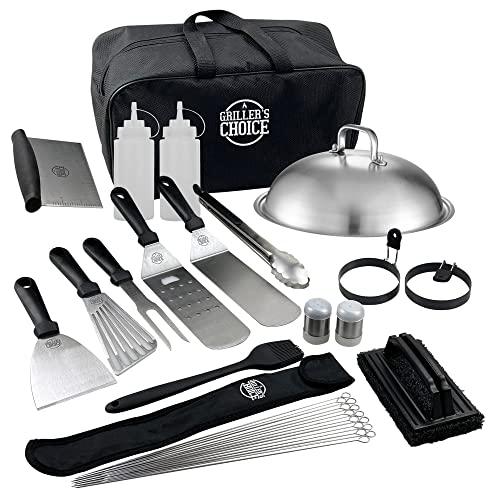 Grillers Choice 32 Piece Griddle Accessories Set Metal Spatulas - Commercial Heavy Duty Stainless Steel,Flat Top,Grill,Indoor-Outdoor,Hibachi,BBQ Grilling Utensils- Designed by Chef and BBQ Judge - CookCave