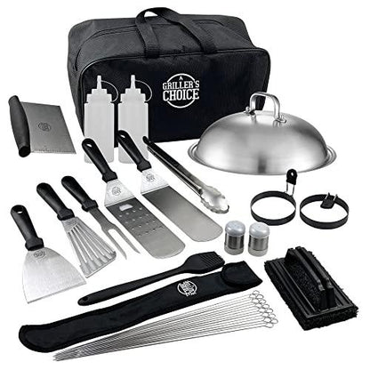 Grillers Choice 32 Piece Griddle Accessories Set Metal Spatulas - Commercial Heavy Duty Stainless Steel,Flat Top,Grill,Indoor-Outdoor,Hibachi,BBQ Grilling Utensils- Designed by Chef and BBQ Judge - CookCave