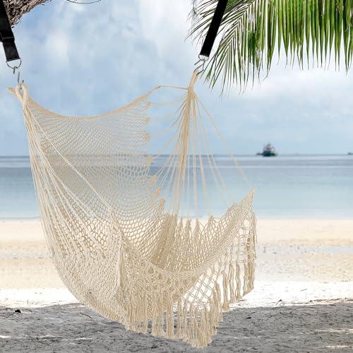 FSCGIFE Hammock Chair Large Hanging Chair Max 330 LBS Soft Cotton Rope Swing Chair for Outdoor, Indoor, Living Room, Garden, Yard (Beige) - CookCave