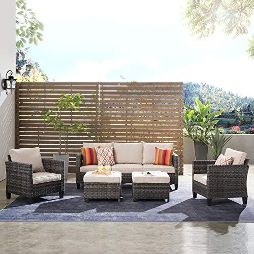 ovios Outdoor Furniture 5 Pieces Patio Furniture Set Sectional Conversation Set All Weather Wicker Rattan Sofa Couch for Yard Deck Porch, Grey Wicker, Beige Cushion - CookCave