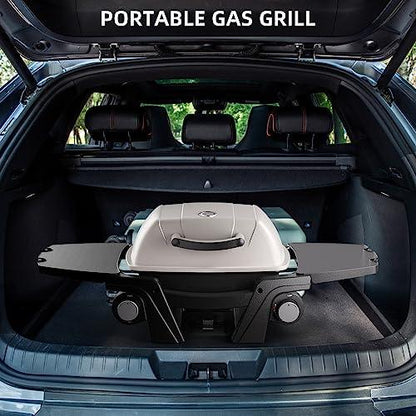 Portable Gas Grill, Portable Propane Grill, Propane Gas Grill, 24,000 BTU Outdoor Tabletop Small BBQ Grill with Two Burners, Removable Side Tables, Gas Hose and Regulator, Built in Thermometer, White - CookCave