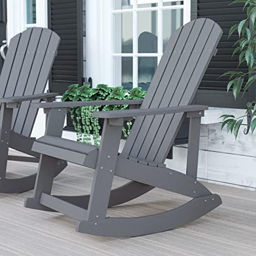 Flash Furniture Savannah Poly Resin Wood Adirondack Rocking Chair - All Weather Gray Polystyrene - Stainless Steel Hardware - CookCave