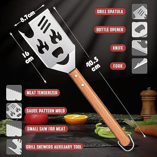 Grill Spatula for Outdoor Grill, 8 in 1 BBQ Spatula with Flip Fork，Knife, Serrated Edge, 16" Long Grilling Tools with Wooden Handle, Unique BBQ Grilling Gifts for Men - CookCave