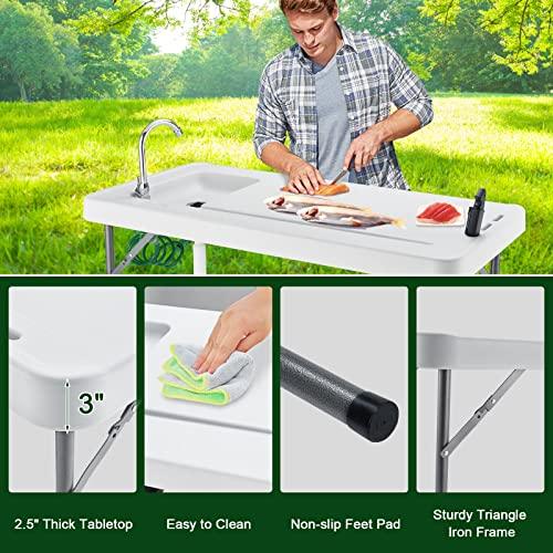 Hupmad 37" Folding Fish Cleaning Table w/Faucet & Sink, Outdoor Portable Fillet Station w/Grid Frame, Knife & Standard Garden Spray Nozzle, Multifunctional Washing Table for Camping or Kitchen, Grey - CookCave
