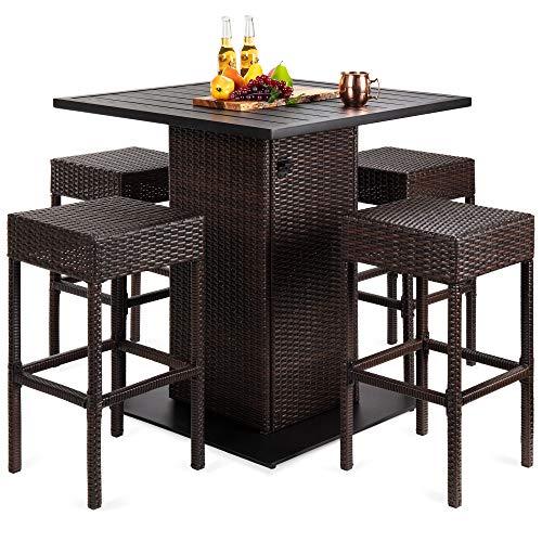 Best Choice Products 5-Piece Outdoor Wicker Bar Table Set for Patio, Poolside, Backyard w/Built-in Bottle Opener, Hidden Storage Shelf, Metal Tabletop, 4 Stools - Brown - CookCave