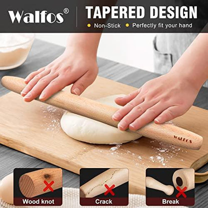 WALFOS French Rolling Pin and Silicone Baking Mat Set, Non-Stick Beech Wood Rolling Pin 15.7 Inch and Pastry Mat for Best Pie Crust, Cookie, Pasta and Pizza Dough - CookCave