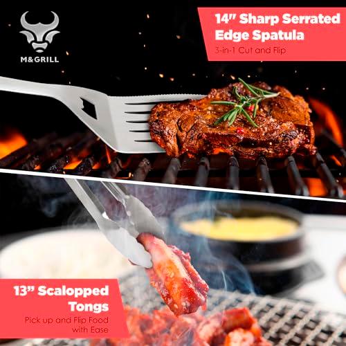 Premium Grill Set M&GRILL: 4 BBQ Tools – Spatula, Fork, Tongs and Sauce Brush an Ideal Gift for Grill Lovers Stainless Steel - CookCave