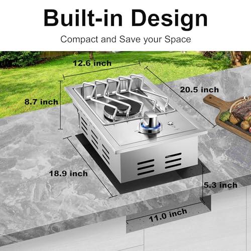 Single Grilling Side Burners for Outdoor Kitchen, 15,000BTU Liquid Propane Side Burner, Duty Heavy 304 Stainless Steel, Convertible to Natural Gas, Drop-in Side Burner for Outdoor BBQ Grill Island - CookCave