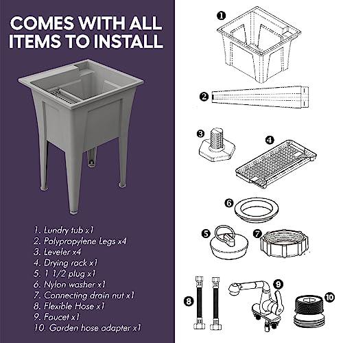 Utility Sink with One-Handle Matte Black Plastic Faucet – Polypropylene Laundry Sink, Grey Garage Sink, Indoor & Outdoor Use – Complete Sink Set by Noah William Home (24” X 22” X 34” 19.5 Gallons) - CookCave