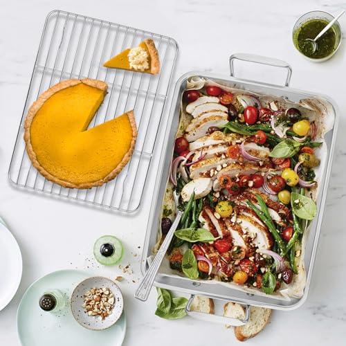 Leonyo Roasting Pan with Rack, 14 Inch Turkey Roasting Pan & Cooling Rack, Stainless Steel Baking Pans Non Stick Roaster Pan with Wire Rack for Cooking Ham, Chicken, Cake, Lasagna, Casserole - CookCave