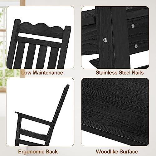 HOME BI Oversized Heavy Outdoor Rocking Chairs, Patio Rocking Chairs for Adults 400Lbs Support, Poly Rocking Chair Look Like Real Wood for Lawn, Porch, Backyard, Indoor and Garden (Black) - CookCave