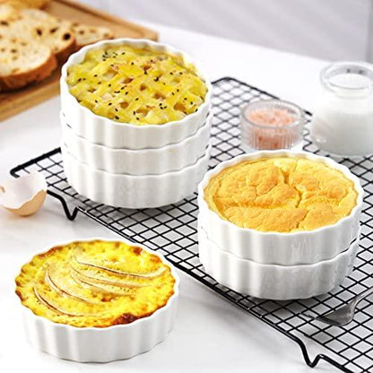 LOVECASA Shallow Creme Brulee Ramekins, 8 oz Ramekins for Baking, Porcelain Souffle Dish Mini Pie Pans Oven Safe, Round Fluted Tart Pan Quiche Dishes, Set of 6, White - CookCave