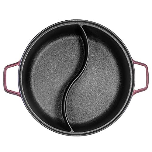 Bruntmor Pre-Seasoned 2-In-1 Instant Pot/Stock Pot With Lightweight Wooden Lid. Non-Stick Round Seasoned Cast Iron Pot |Round Bottom Wok Pan With Lid For Shabu Shabu Crock Pot | 5 Quart, Burgundy - CookCave