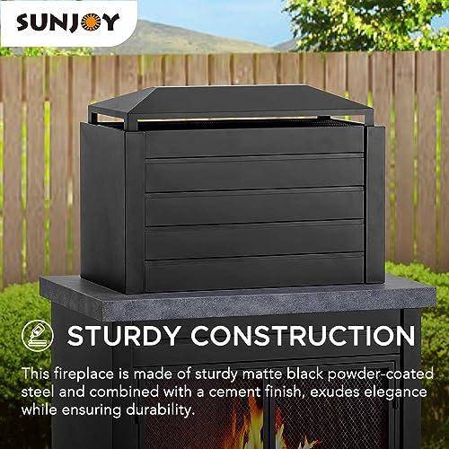 Sunjoy Outdoor Fireplace, Patio Wood Burning Steel Fireplace with Chimney, Log Holders, Fireplace Tool and PVC Cover, Black - CookCave