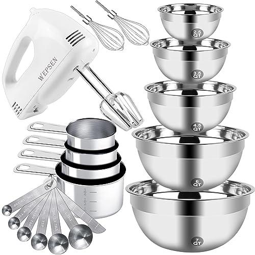 Hand Mixer Electric Mixing Bowls Set, 5 Speeds Handheld Mixer with 5 Nesting Stainless Steel Mixing Bowl, Measuring Cups and Spoons 200 Watt Kitchen Blender Whisk Beater Baking Supplies For Beginner - CookCave