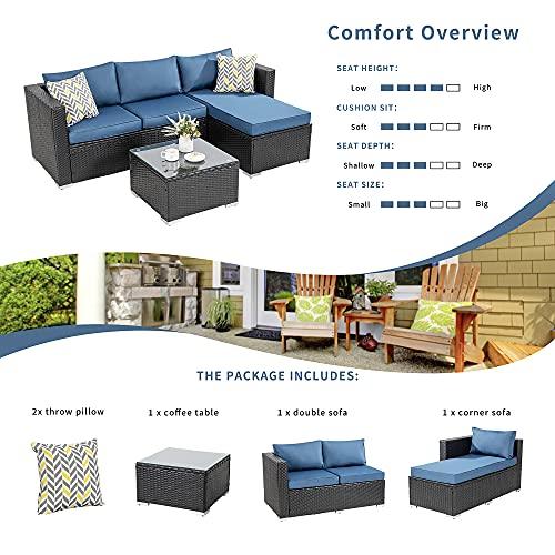 Shintenchi Patio Furniture Sets 3 Pieces Outdoor Sectional Sofa Black All-Weather Rattan Wicker Sofa Small Patio Conversation Couch with Washable Cushion and Glass Table(Aegean Blue) - CookCave