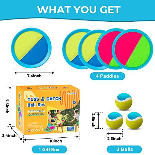 Kids Toys - Outdoor Games, Beach Toys, Toss and Ball Set with 4 Paddles and 3 Balls, Perfect Beach Games Sets Playground Sets for Backyards Easter Gifts for Kids/Adults/Family (Blue+Light Yellow) - CookCave