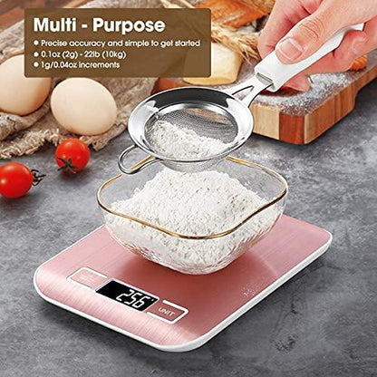 Mik-Nana Food Scale Pink, 10kg/22lb Digital Kitchen Scale Weight Grams and Oz for Baking and Cooking, 1g/0.1oz Precise Graduation, Easy Clean Stainless Steel - CookCave