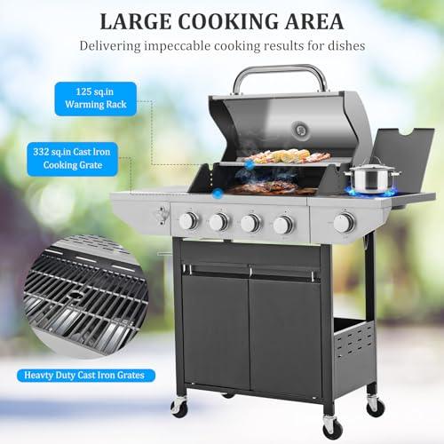 Unovivy 4-Burner Propane Gas BBQ Grill with Side Burner & Porcelain-Enameled Cast Iron Grates Built-in Thermometer, 47,000 BTU Outdoor Cooking, Patio, Garden Barbecue Grill, Black and Silver - CookCave