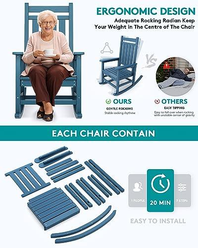 SERWALL Oversized Rocking Chair, Outdoor Rocking Chair for Adults, All Weather Resistant Porch Rocker for Lawn Garden, Blue - CookCave