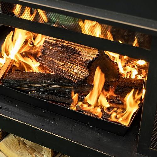 Deko Living Outdoor Wood Burning Fireplace with Wood Storage and Removable Fire Grill - 40 Inch Large Metal Wicker Base Fire Pit for Patio Garden Deck Backyard, Black - CookCave