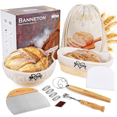 Banneton Bread Proofing Basket Set of 2 - Proofing Baskets 10" Oval and 9" Round Rattan Sourdough Bread Baking Supplies with Bread Lame, Dough Scrapers, Linen Liner, Dough Whisk & Bread Bag - CookCave