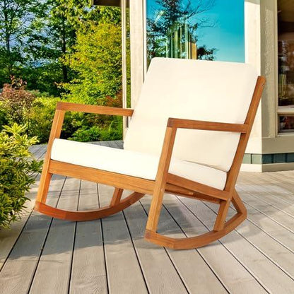 Idzo Premium Club Rocking Chair 500lbs Capacity with Inclined Backrest, Thick Foam, Solid Acacia Wood Rocker for Patio, Backyard, Balcony, Porch, 2 Cushions_Beige - CookCave