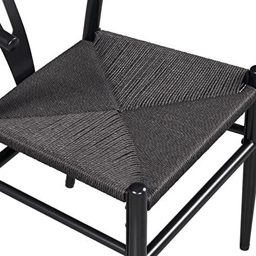 Yaheetech Set of 4 Weave Chair Mid-Century Metal Dining Chair Y-Shaped Backrest Hemp Seat, Large Black - CookCave