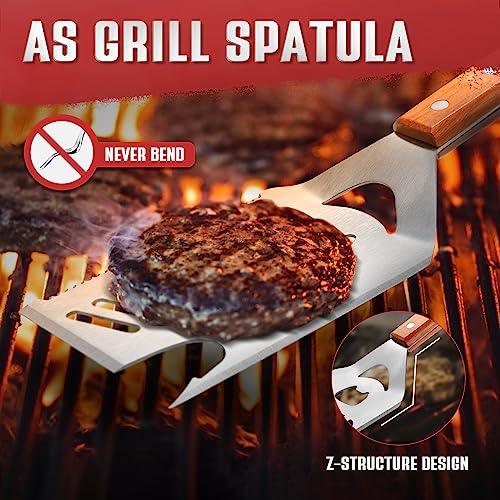 Grill Spatula for Outdoor Grill, 8 in 1 BBQ Spatula with Flip Fork，Knife, Serrated Edge, 16" Long Grilling Tools with Wooden Handle, Unique BBQ Grilling Gifts for Men - CookCave