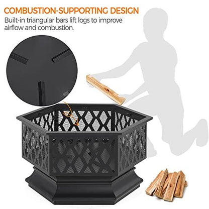 Yaheetech 26in Fire Pits for Outside Hex Shaped Fire Pit Wood Fire Pit Outdoor Fireplace for Bonfire Patio Picnic BBQ, with Spark Cover, Fire Poker - CookCave