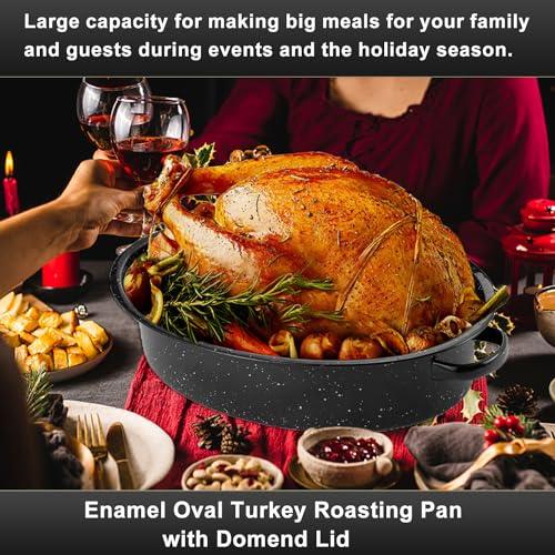 14.6 Inch Roaster Pan, Enamel Oval Turkey Roasting Pan with Domed Lid - Mother's Gift, Covered, Non-sticky, Free of Chemicals - Rôtissoire Chicken Meat Roasts Casseroles & Vegetables (14.6 Inch) - CookCave