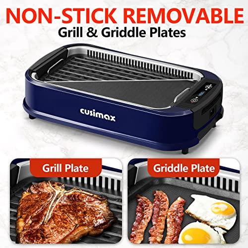 Smokeless Indoor Grill, CUSIMAX Electric Grill Griddle with LED Smart Display & Tempered Glass Lid, 1500W Portable Korean BBQ Grill, Non-stick Removable Grill & Griddle Plate, Temperature 220℉ to 450℉ - CookCave