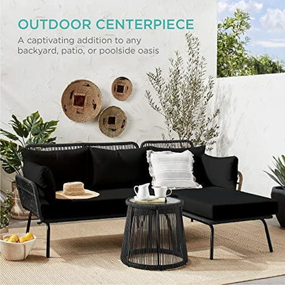 Best Choice Products Outdoor Rope Woven Sectional Patio Furniture L-Shaped Conversation Sofa Set for Backyard, Porch w/Thick Cushions, Detachable Lounger, Side Table - Black - CookCave