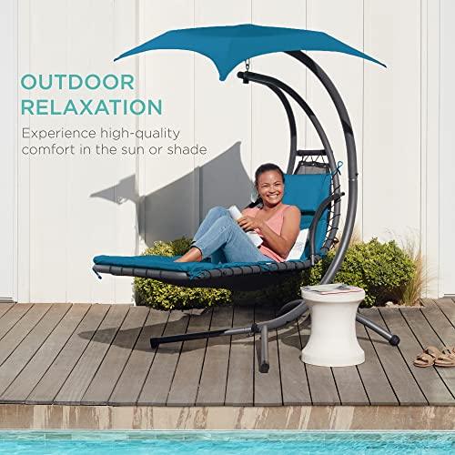 Best Choice Products Outdoor Hanging Curved Steel Chaise Lounge Chair Swing w/Built-in Pillow and Removable Canopy - Peacock Blue - CookCave